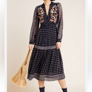 Maeve by Anthropologie Navy Dress with Floral Embroidery